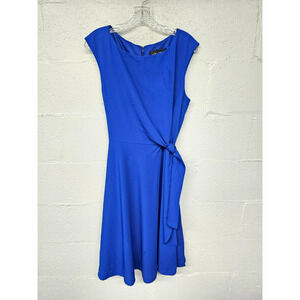 Chelsea Rose Blue Dress Sz 12 Knee Length Asymmetric Tie Ruched Career Office